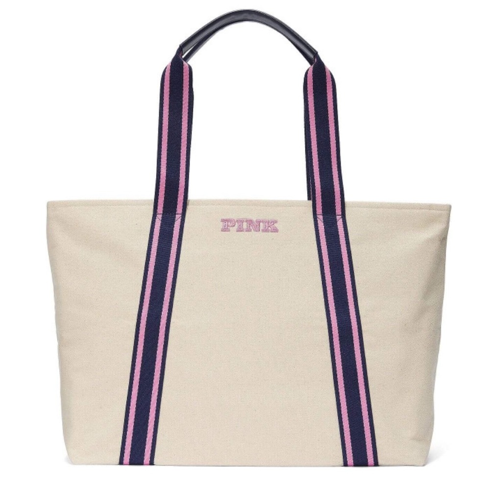 PINK Victoria's Secret Cream Tote with Pink and Navy Blue Straps